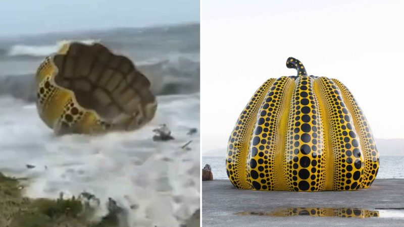 Escultura de artista japonesa é arremessada ao mar durante passagem de tufão